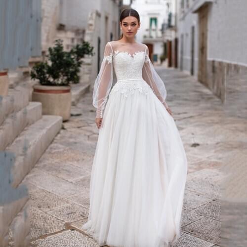 Eightree Vestido de Noiva Elegant Puff Sleeve Wedding Dresses 2021 White Lace Wedding Gowns A Line Vintage Bride Dress for Beach