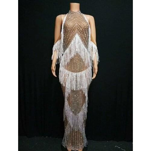 Shining Crystal Wedding Party Long Dress Women Slim Sexy Mesh See Through Rhinestone Tassel Dress Fashion Evening Singer Costume