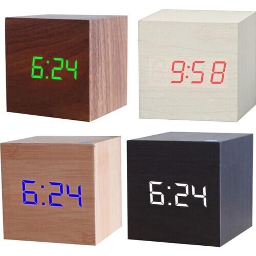 Wooden Square Digital LED USB Desk Alarm Clock Table Voice Control Decoration