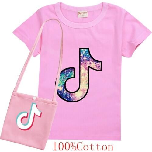Childrens summer T-shirt Tik Tok boys pure cotton T-shirt + bag set Girls fashion casual short-sleeved toddler tshirt clothe