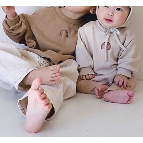 Childrens winter clothes popular top Korean rainbow embroidery pattern loose fleece sweater for boys and girls