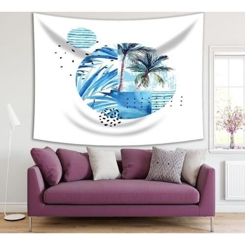 Tapestry Tropical Palm Trees Leaves Sea and Geometric Shapes Floral Watercolor Artwork Blue Green White