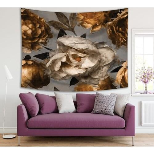Tapestry Vintage Floral Pattern with White and Gold Peonies Blooms on Grey Background Artwork Printed