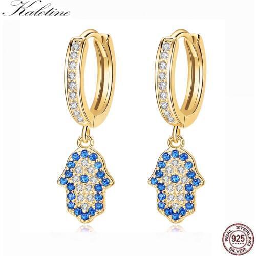 Kaletine Handa Hand 925 Sterling Silver Drop Earrings for Women Blue Eye Lucky Gold Earring Zircon Turkish Luxury Jewelry