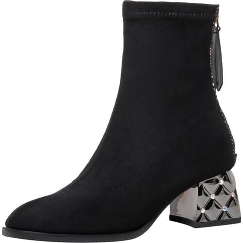 Fashion All-Match Round Toe Comfortable Flock Ankle Boots Thick Heel Metal Decorative Stretch Shoes Sequined Zipper Short Boots