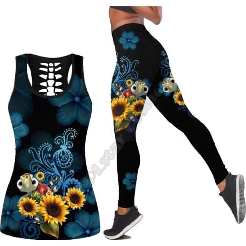 Sea turtle Polynesian 3D Printed Hollow Out Tank Legging Suit sexy Yoga Fitness Soft Legging Summer Women For Girl 47