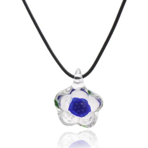 Charm Flower Shape Art Murano Lampwork Glass Pendant Necklace with Royal Blue Flowers Inside for Women Girls Summer Jewelry