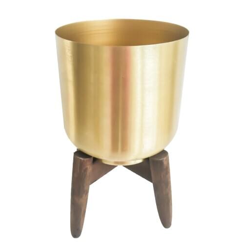 Nordic Style Galvanized Gold Flower Pot With Wooden Holder Plant Stand Iron Display Rack Planter For Indoor Decoration