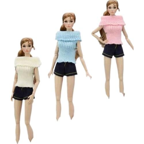1/6 BJD Clothes Handmade Sleeveless Winter Knitted Sweater Jeans Shorts for Barbie Dolls Clothes Outfit 11.5" Doll Accessory Toy