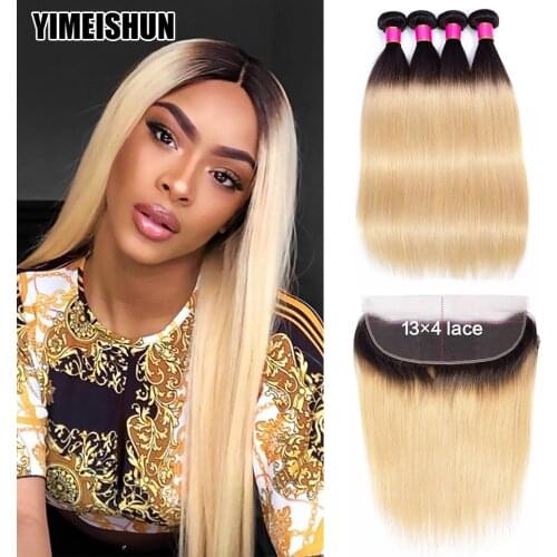 1B/613 Straight Bundles With Frontal HD Lace Human Hair 4 Blonde Bundles With 13x4 Lace Front 3 Bundles With 13x4 Closure