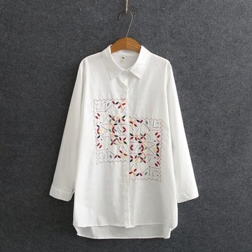 Plus Size XL-4XL Womens Long Blouse Vintage Floral Embroidered Vintage Tops Fork White Black Spring Autumn Blusas