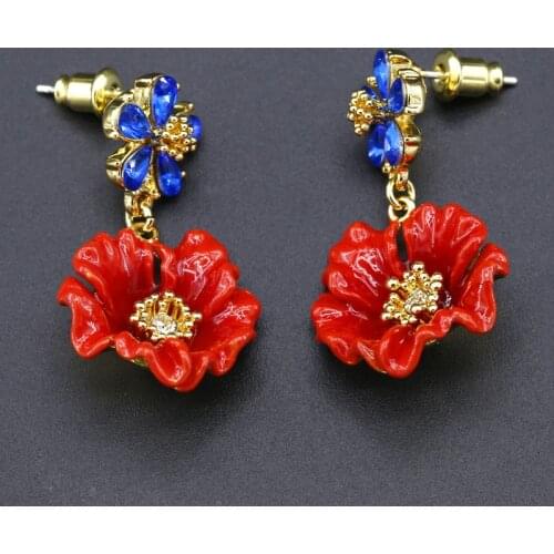 European and American Popular Golden Field Series Enamel Color Glaze Red Poppies Blue Crystal Flower Stud Earrings Ear ClipsP
