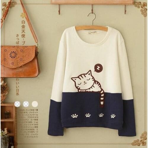 Spring Autumn Mori Girl Kittys Embroidery Pullovers Cartoon Sweatshirt Women Kawaii Harajuku Female Tracksuits Sweatshirts