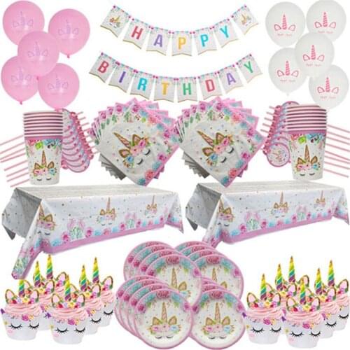 Unicorn Party Decoration Disposable Tableware Set Paper Plates Cup Kids 1st Girl Birthday Party Baby Shower Decor Supplies