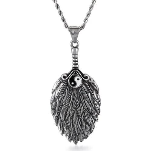Vintage feather mens pendant titanium steel taiji gossip fan hole fan shape casting accessories