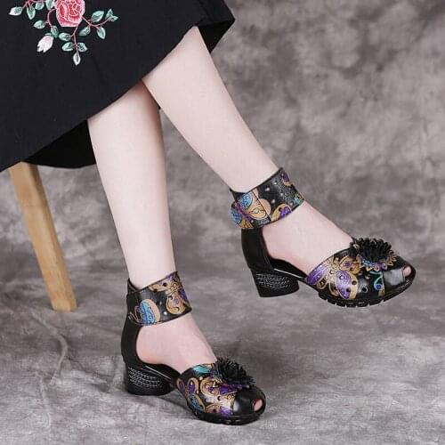 2021 Summer National Style Genuine Leather Women Shoes Fish Mouth Mother Shoes Roman Floral Ladies Sandals Dancing Women Shoes