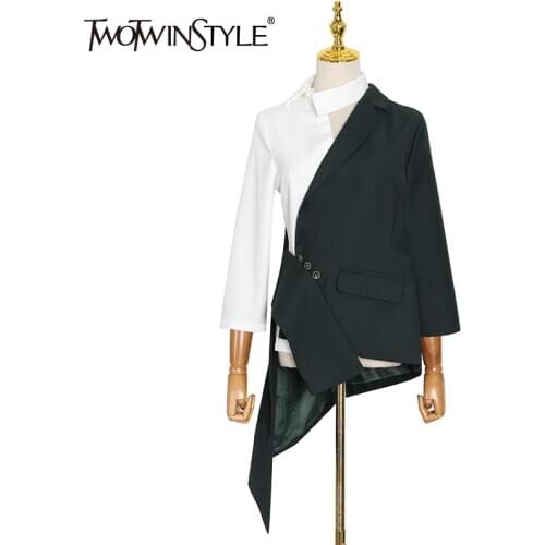 TWOTWINSTYLE Asymmetrical Patchwork Blazer For Women Notched Long Sleeve Fake Two Irregular Hem Casual Blazers Female Fashion