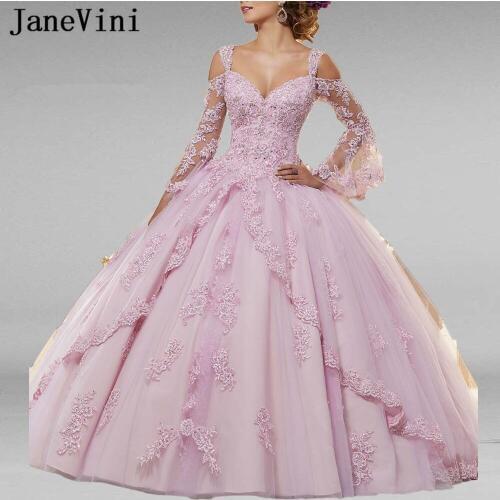JaneVini 2019 Elegant Ball Gown Pink Quinceanera Dresses Puffy Long Sleeve Appliques Beaded Princess Prom Gowns Vestidos 15 Anos