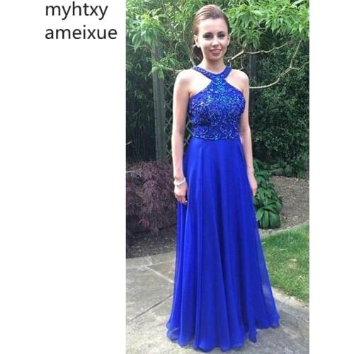 2020 Sexy Blue Plus Size Elegant Evening Dresses Halter Beaded Chiffon Long Fashion Evening Gowns Custom Made Robe De Soiree