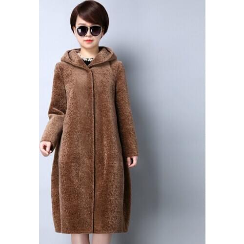 Fur Real Coat Sheep Shearing 100% Wool Coat Women Plus Size 2020 Winter Cloak Female Jacket Hooded Abrigos Mujer KJ545