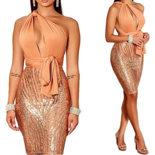 U-SWEAR New Popular Dress Sexy Style Hollow Out Women Dress Solid Sequined Halter Sequined Dress Vestidos De Fiesta