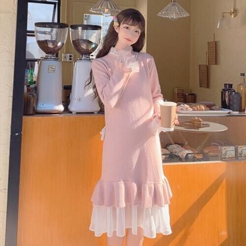 Dress 2020 New Autumn and Winter Womens Gentle Wind Dress Mesh Stitching Fashionable Sweater Knitted Dress sweet lolita dress