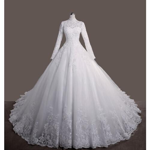 Vestidos De Mariage 2021 New Elegant Princess Bride Gowns Vintage Muslim Wedding Dresses High Neck Lace Beading Cheap LCNM88