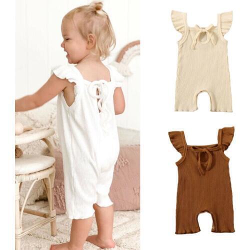 2020 Summer Baby Romper Cute Newborn kids Baby Girl Ruffled Romper Solid knitted Ribbed one piece Jumpsuit Cotton Outfit