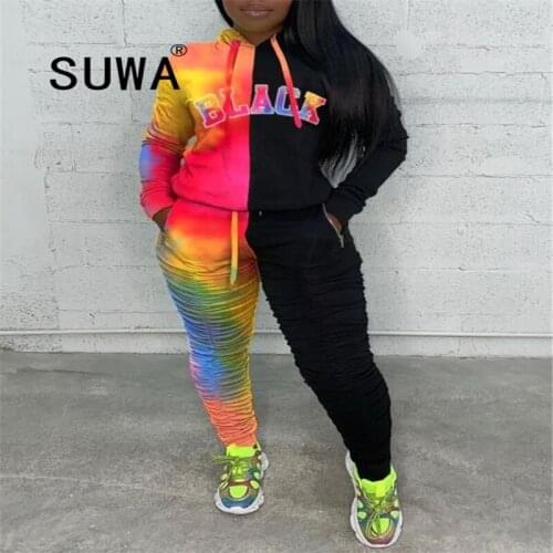 2020 Hooded Tracksuit Tie Dyed 2 Piece Set Long Sleeve Hoodies Top Women Sweatpants Jogger Suit Sport Outfits Oversize Sweatsuit