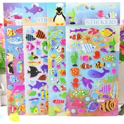 4 pcs/set kids cartoon fish marine life stickers baby cute 3D bubble puffy sticker scrapbook for boy girl bedroom decoration