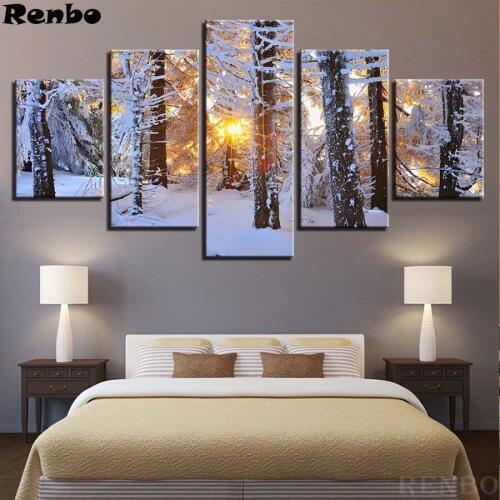 5d Diy Square daimond painting Cross Stitch Mosaic Kit 5 pcs Sunrise Woods Snow Winter Landscape Diamond Embroidery Needlework