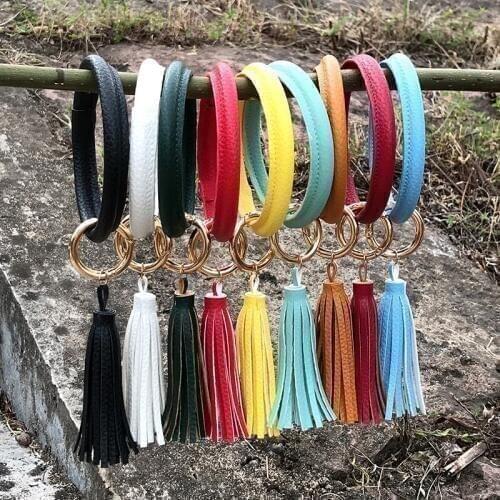 JUST FEEL Fashion Multiful Tassel Keychain Enamel PU Leather Key Chain Monogram Circle Wristlet Keychain For Women Girls Gifts