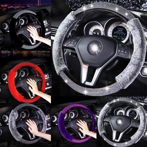 Crystal Diamond Car Steering Wheel Covers Winter Plush Comfort Handlebar Cover Rhinestone Auto Car Steering Covers Accessories