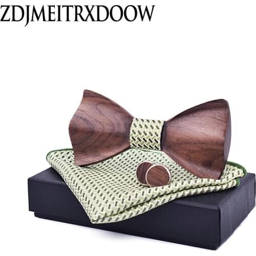 Wood Bow Tie Set Cravat Wooden Box Cufflinks Bowtie Plaid Handkerchief Pocket Square Men Wedding Suit Shirt