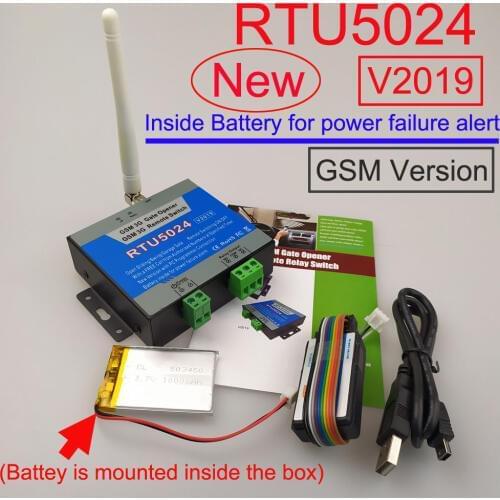 2019 Version RTU5024 gsm relay sms call remote controller gate opener switch Pc programmer and Battery for Power failure alert