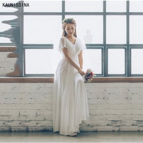 KAUNISSINA Simple Bride Dress Short Sleeve V-Neck White Wedding Dresses A-Line Long Elegant Bridal Gowns vestidos de novia 2021