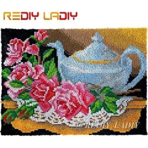 Latch Hook Rug Chunky Yarn Tapestry Kits DIY Carpet Rug Rose Teapot Knitted Floor Mat Crocheting Cushion Arts & Crafts 81*61cm