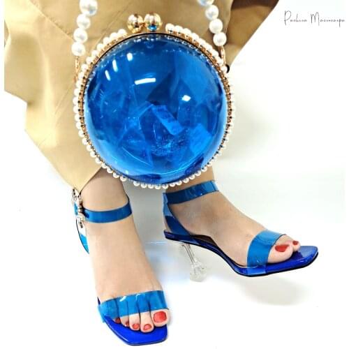 Italian Design Hot Selling Nigeiran Fashion Concise Women Shoes and transparent Bag Set in Royal Blue Color for Party Wedding