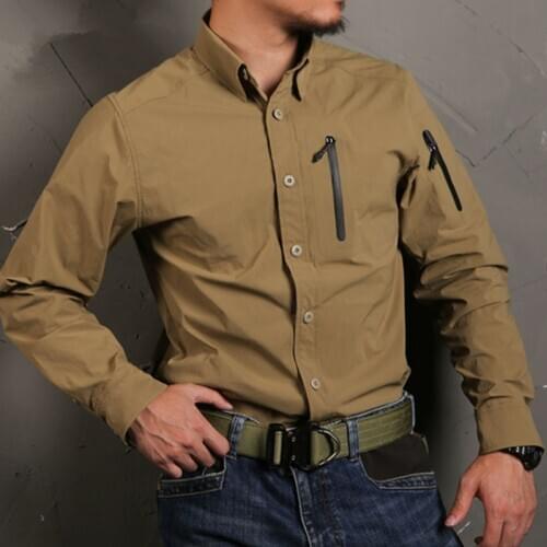 2020 New Fashion Nylon Long Sleeve Tactical Shooting Shirt Solid Slim Fit Male Social Casual Business KH Black Dress Shirt XL 2X