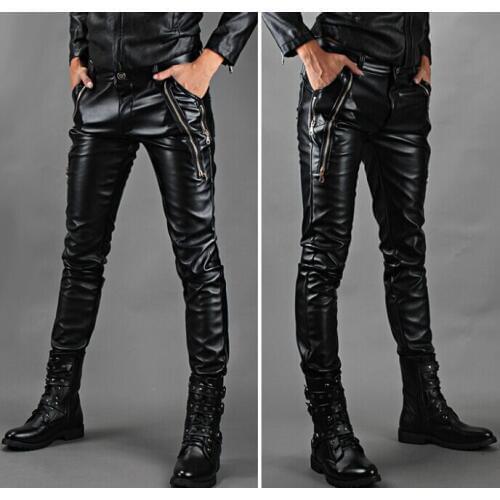 Hot 2020 New Fashion Men Clothing Zipper Water Wash PU Leather Pants Motorcycle Windproof Black Trousers