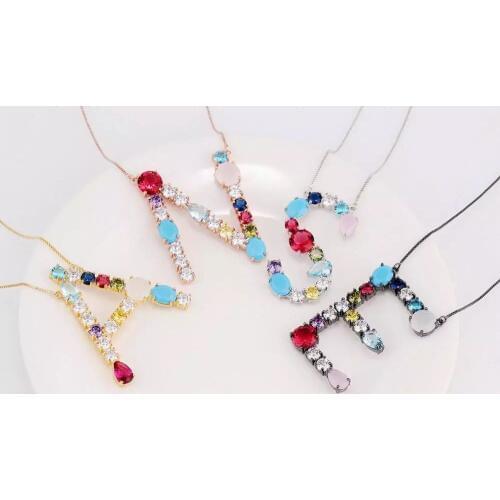 Crystal Zicronia letter pendant necklace, CZ micro set with 26 large letters pendant necklace