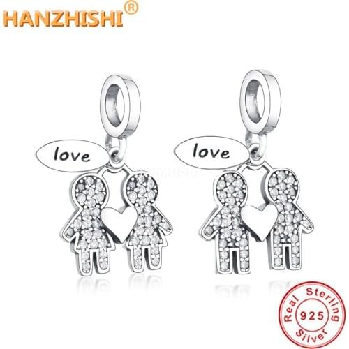 Real 925 Sterling Silver Shinning Crystal Girl Boy Dangle Beads Heart Charm Fit Original Pandora Charms Bracelet Jewelry Making