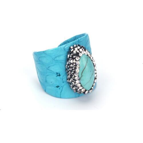 Trendy Nut Blue Turquoises Howlite Bead Charms Rhinestone Black Blue Real Snake Leather Adjustable Open Ring Cuff For Women Man
