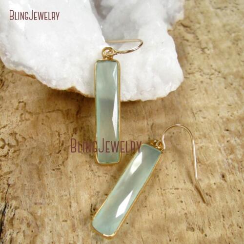 Sea Foam Green Chalcedony Bar Earrings Long Gold Fill Gold Vermeil Bezel Set Dnagle Earrings ER16374