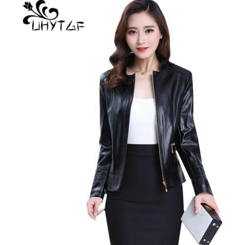 UHYTGF Women leather jacket Casual Women 6XL plus size coat quality PU spring autumn leather jacket Washed leather short top 832
