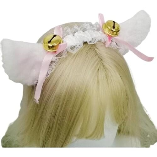 Women Girls Kawaii Maid Lolita Headband Cute Plush Cat Ears Ruffles Lace Hair Hoop with Bowknot Bell Anime Cosplay Costume Headp
