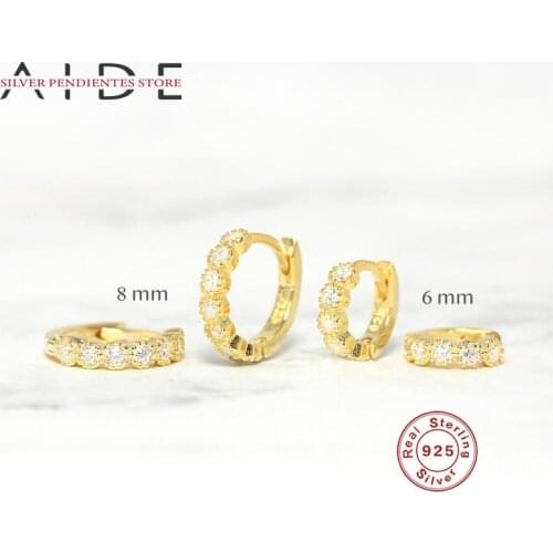 AIDE 6/8mm 925 Sterling Silver Hoop Earrings For Women Oorbellen Small CZ Crystals Earrings Girls Fine Jewelry Pendientes Plata
