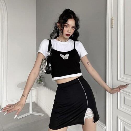 Butterfly Embroidery Short Sets Girl Group 3 Piece Set Women Split 2021 Summer New Solid Skirts Crop Tops Three Piece Set Skirt