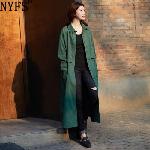 NYFS 2021 New Korean Autumn Loose Woman Wind coat Simple Polyester Long Sleeve Long Trench Tops
