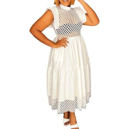 Long Ruffle Dress Women Stand Collar Flying Sleeve High Waist Robes Summer New Sexy Hollow Out Patchwork Office Lady Dress 2021